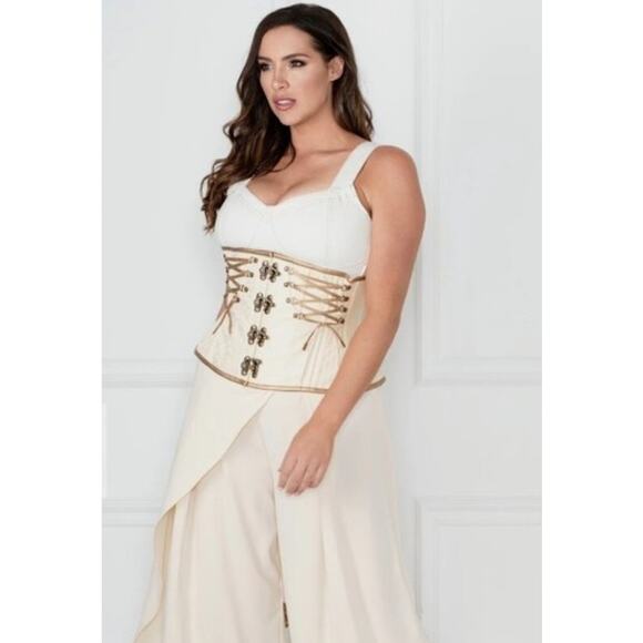 Corset Story Underbust Brocade Brass Hooks Steampunk Corset Ivory Cream 28 NWOT - Picture 1 of 14